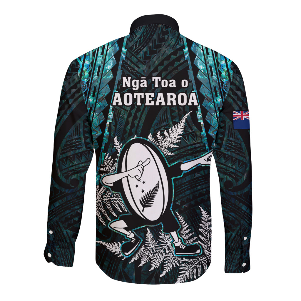 New Zealand Silver Fern Rugby Long Sleeve Button Shirt Aotearoa All Black Dabbing Ball With Maori Paua Shell - Vibe Hoodie Shop