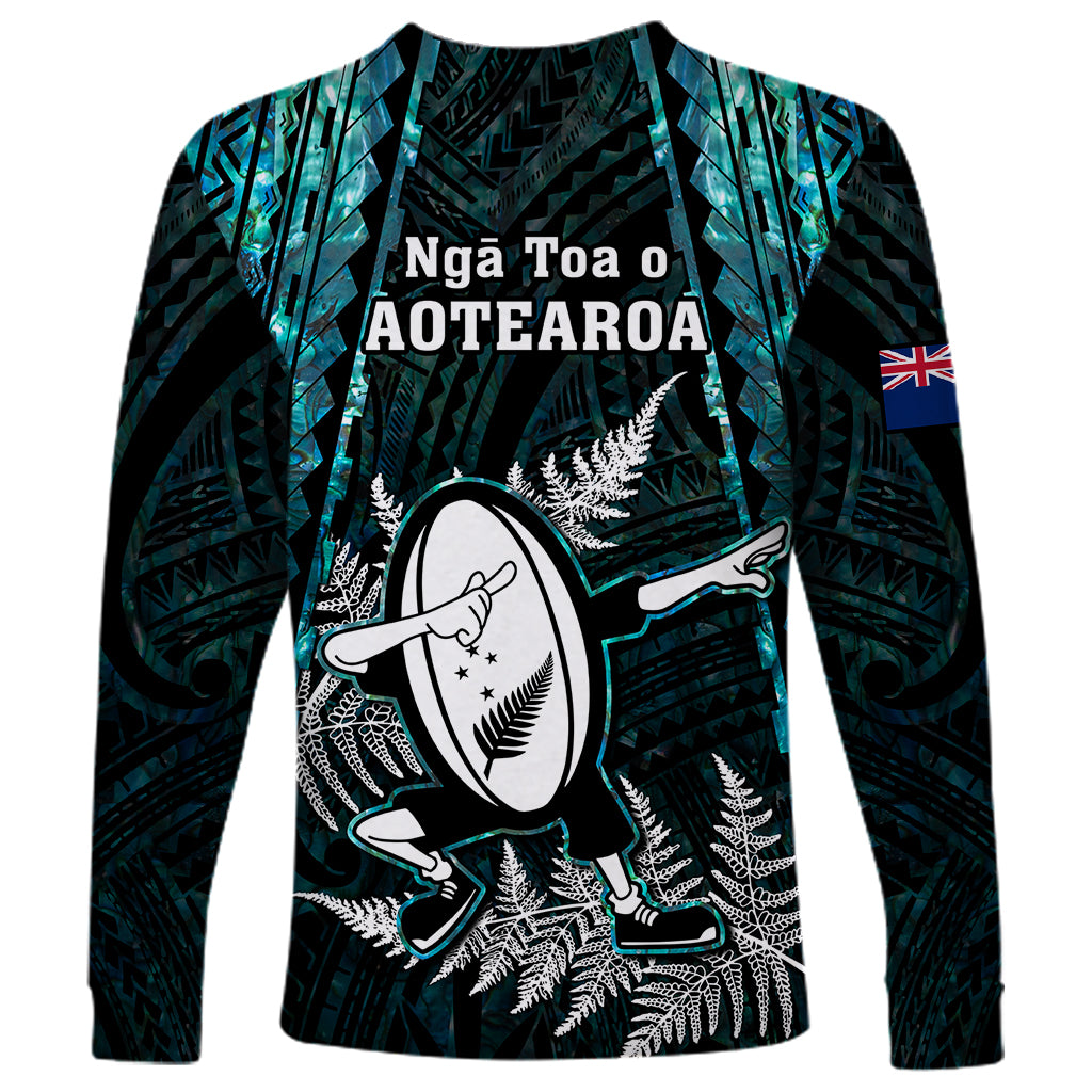 New Zealand Silver Fern Rugby Long Sleeve Shirt Aotearoa All Black Dabbing Ball With Maori Paua Shell - Vibe Hoodie Shop
