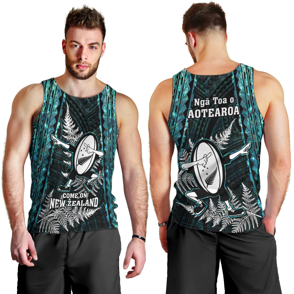 New Zealand Silver Fern Rugby Men Tank Top Aotearoa All Black Dabbing Ball With Maori Paua Shell - Vibe Hoodie Shop