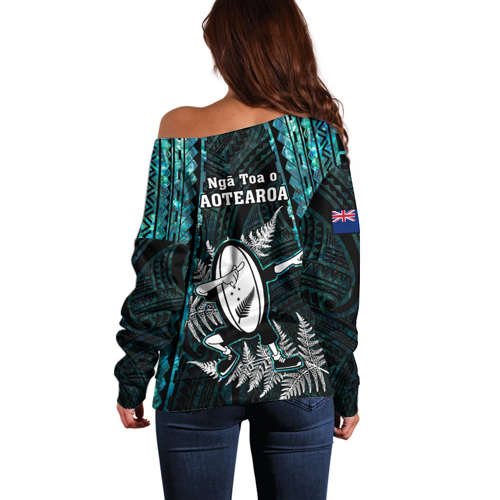 New Zealand Silver Fern Rugby Off Shoulder Sweater Aotearoa All Black Dabbing Ball With Maori Paua Shell - Vibe Hoodie Shop
