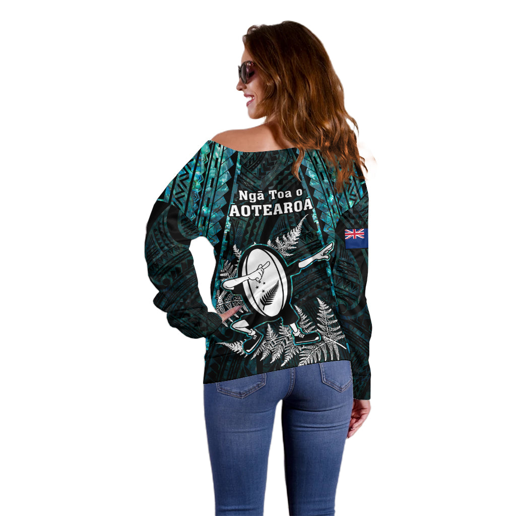 New Zealand Silver Fern Rugby Off Shoulder Sweater Aotearoa All Black Dabbing Ball With Maori Paua Shell - Vibe Hoodie Shop