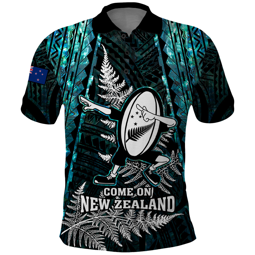 New Zealand Silver Fern Rugby Polo Shirt Aotearoa All Black Dabbing Ball With Maori Paua Shell - Vibe Hoodie Shop