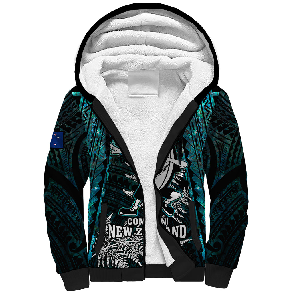 New Zealand Silver Fern Rugby Sherpa Hoodie Aotearoa All Black Dabbing Ball With Maori Paua Shell - Vibe Hoodie Shop