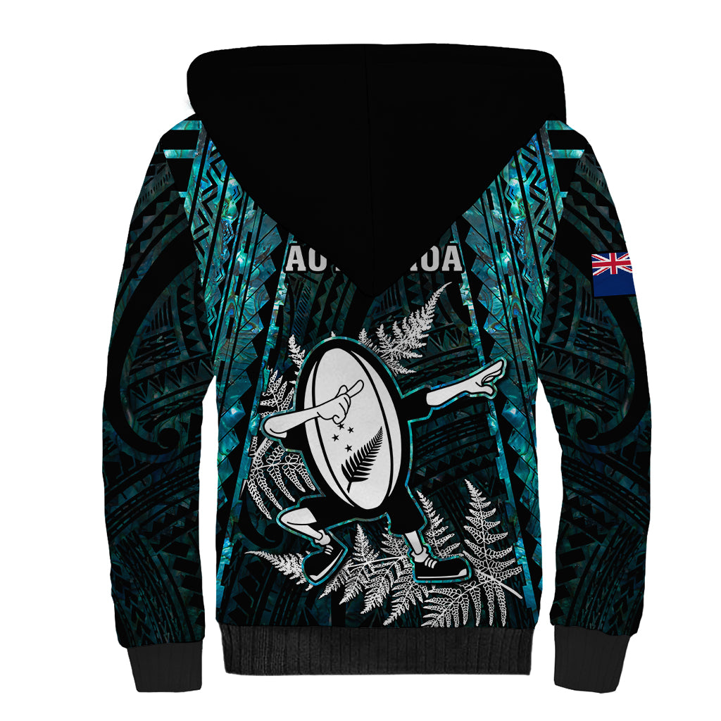 New Zealand Silver Fern Rugby Sherpa Hoodie Aotearoa All Black Dabbing Ball With Maori Paua Shell - Vibe Hoodie Shop