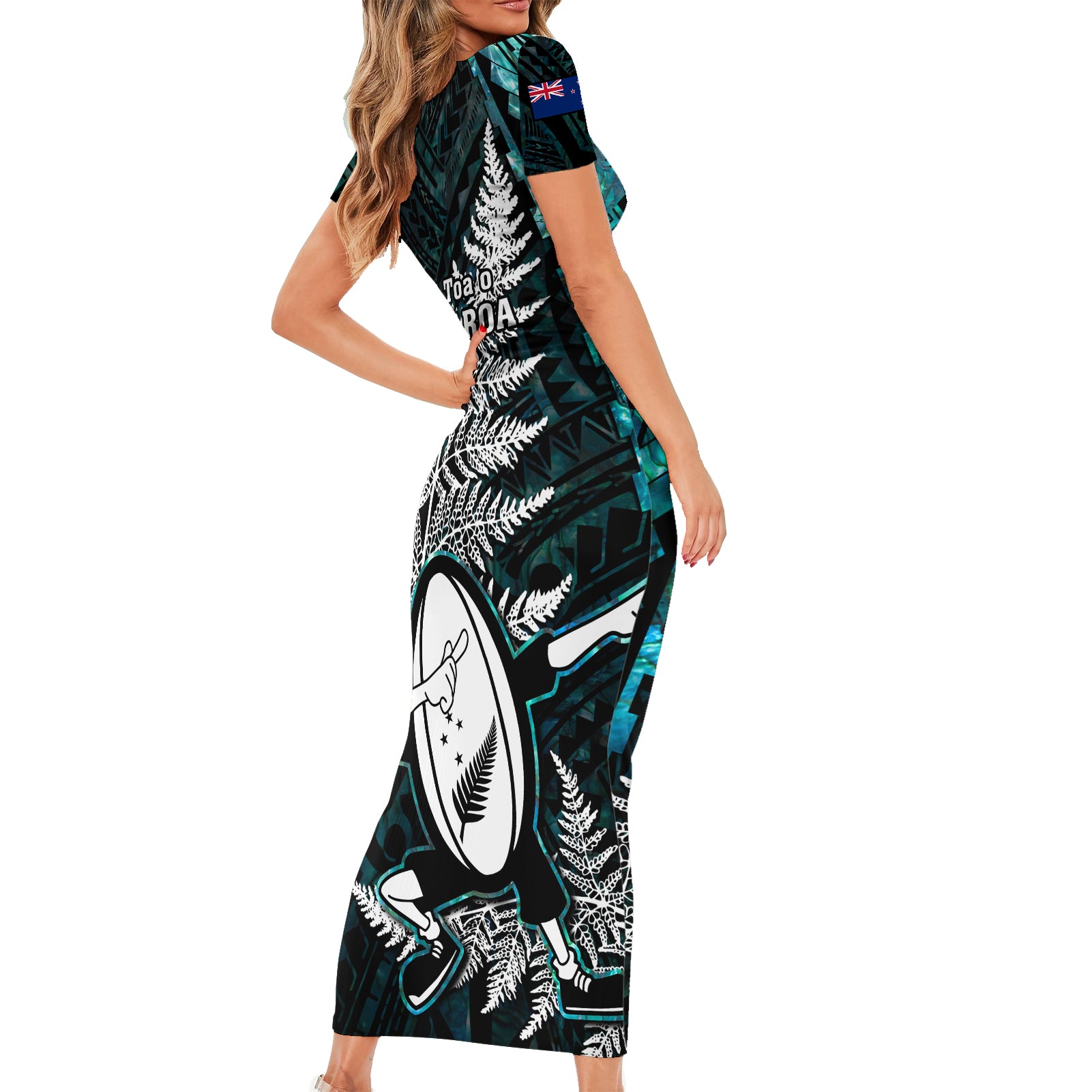 new-zealand-silver-fern-rugby-short-sleeve-bodycon-dress-aotearoa-all-black-dabbing-ball-with-maori-paua-shell