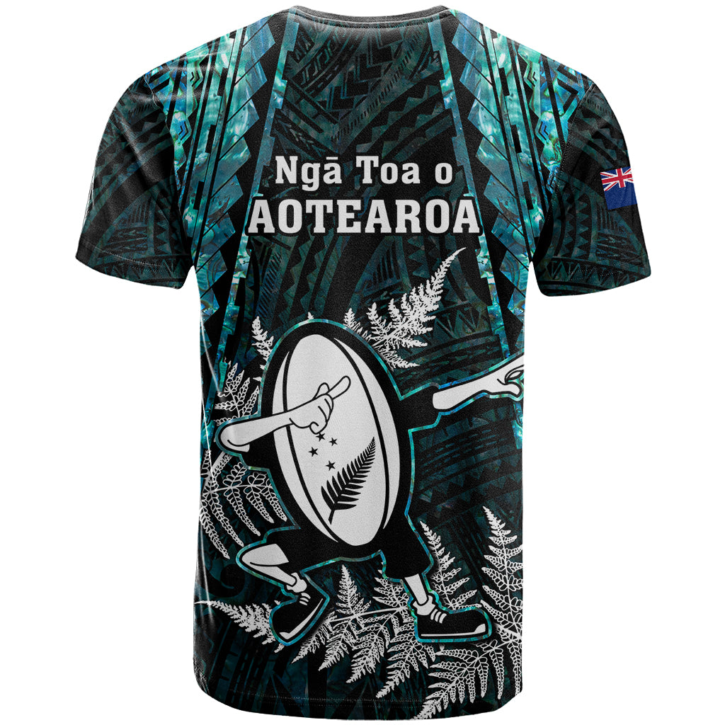New Zealand Silver Fern Rugby T Shirt Aotearoa All Black Dabbing Ball With Maori Paua Shell - Vibe Hoodie Shop