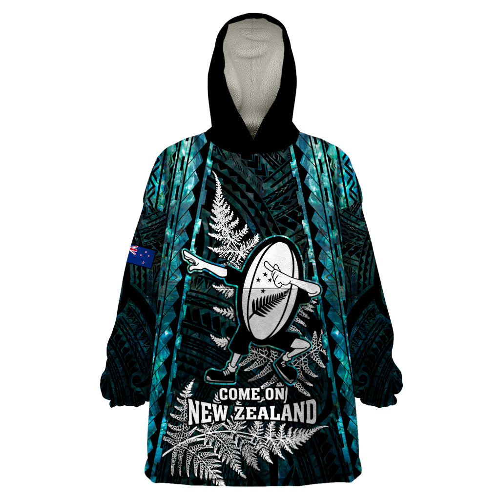 New Zealand Silver Fern Rugby Wearable Blanket Hoodie Aotearoa All Black Dabbing Ball With Maori Paua Shell - Vibe Hoodie Shop