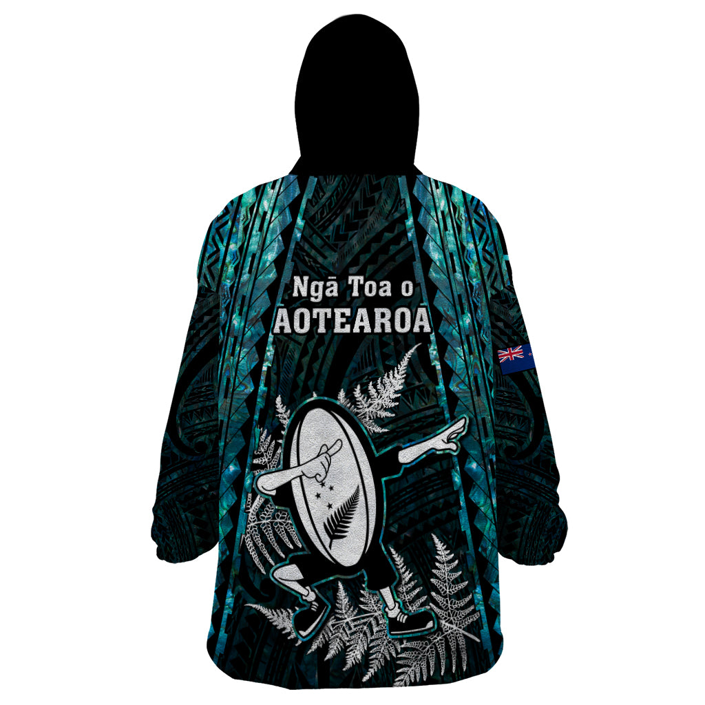 New Zealand Silver Fern Rugby Wearable Blanket Hoodie Aotearoa All Black Dabbing Ball With Maori Paua Shell - Vibe Hoodie Shop