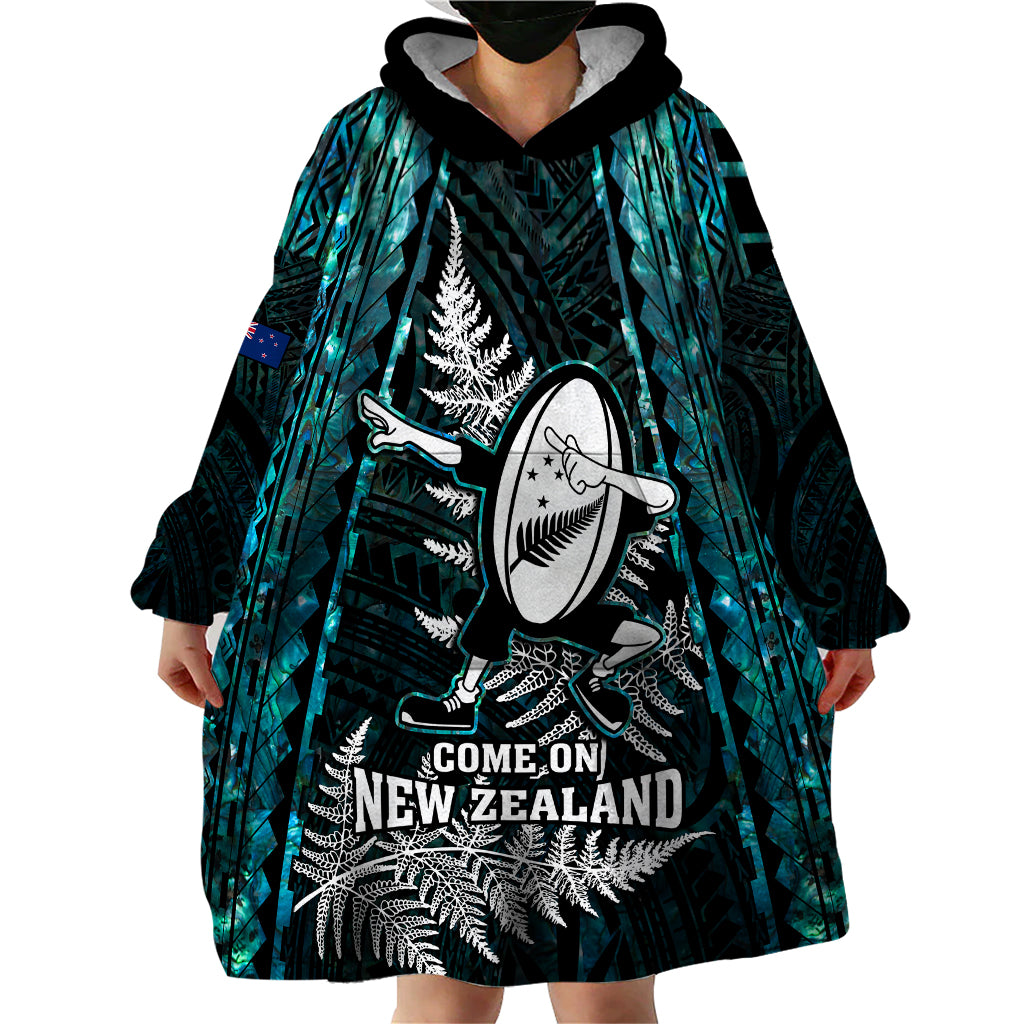 New Zealand Silver Fern Rugby Wearable Blanket Hoodie Aotearoa All Black Dabbing Ball With Maori Paua Shell - Vibe Hoodie Shop