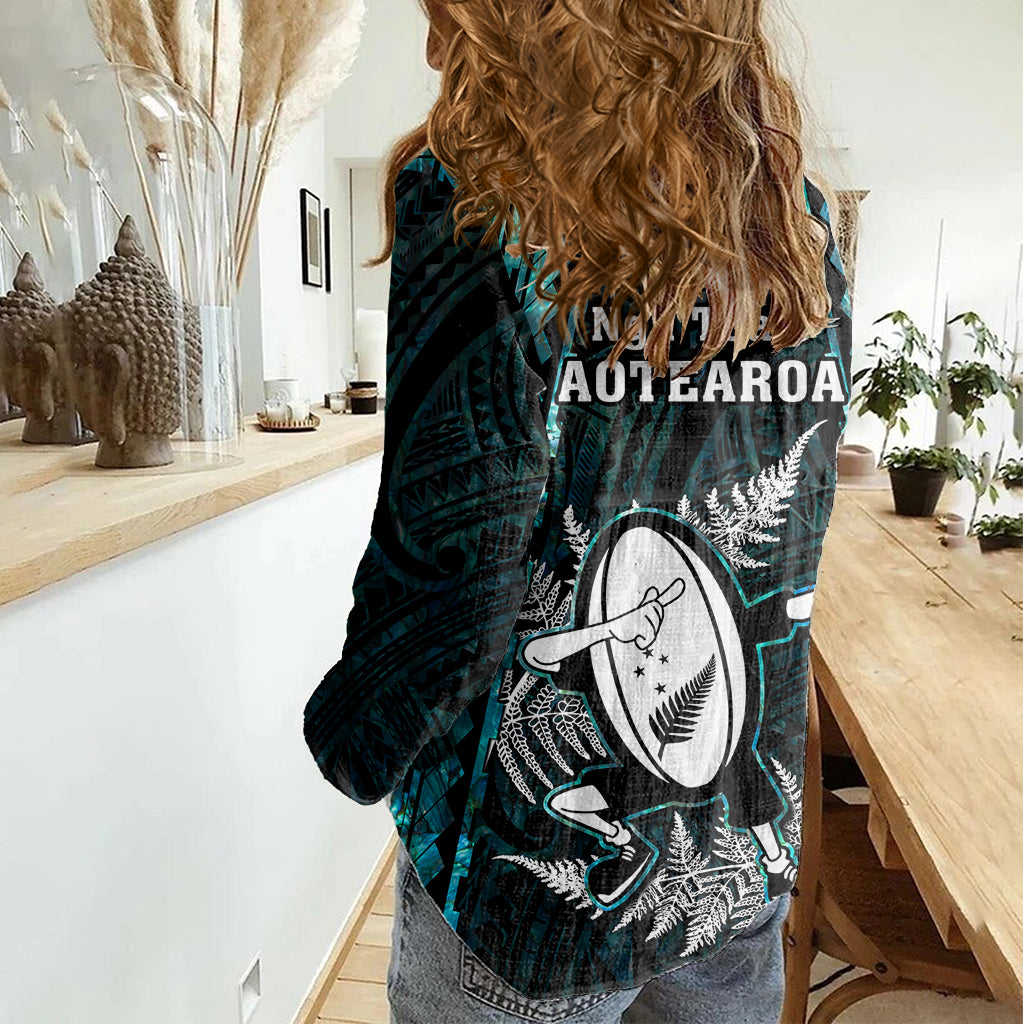 New Zealand Silver Fern Rugby Women Casual Shirt Aotearoa All Black Dabbing Ball With Maori Paua Shell - Vibe Hoodie Shop