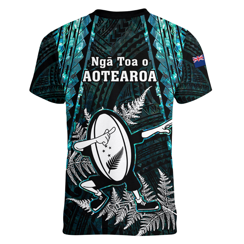 New Zealand Silver Fern Rugby Women V Neck T Shirt Aotearoa All Black Dabbing Ball With Maori Paua Shell - Vibe Hoodie Shop