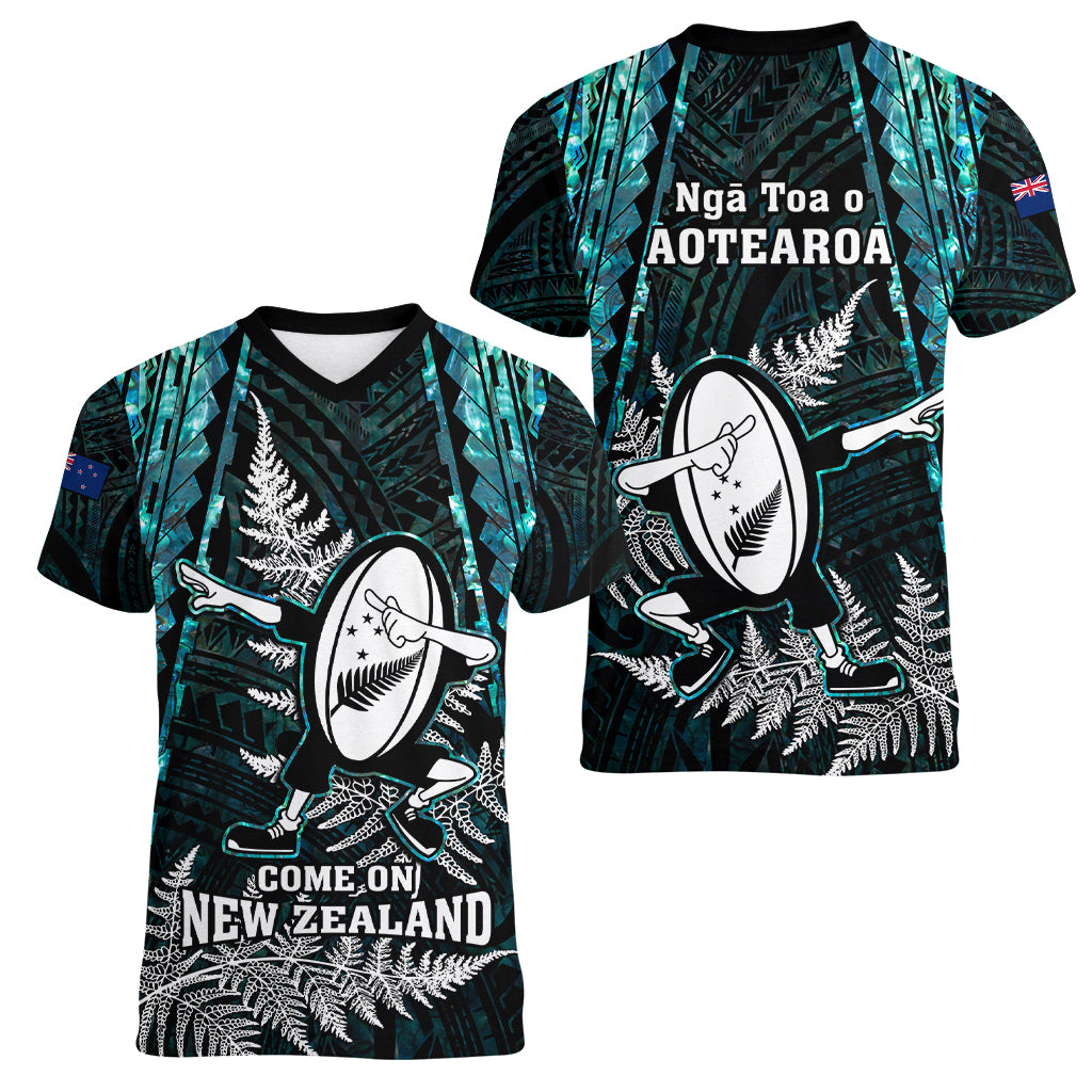 New Zealand Silver Fern Rugby Women V Neck T Shirt Aotearoa All Black Dabbing Ball With Maori Paua Shell - Vibe Hoodie Shop
