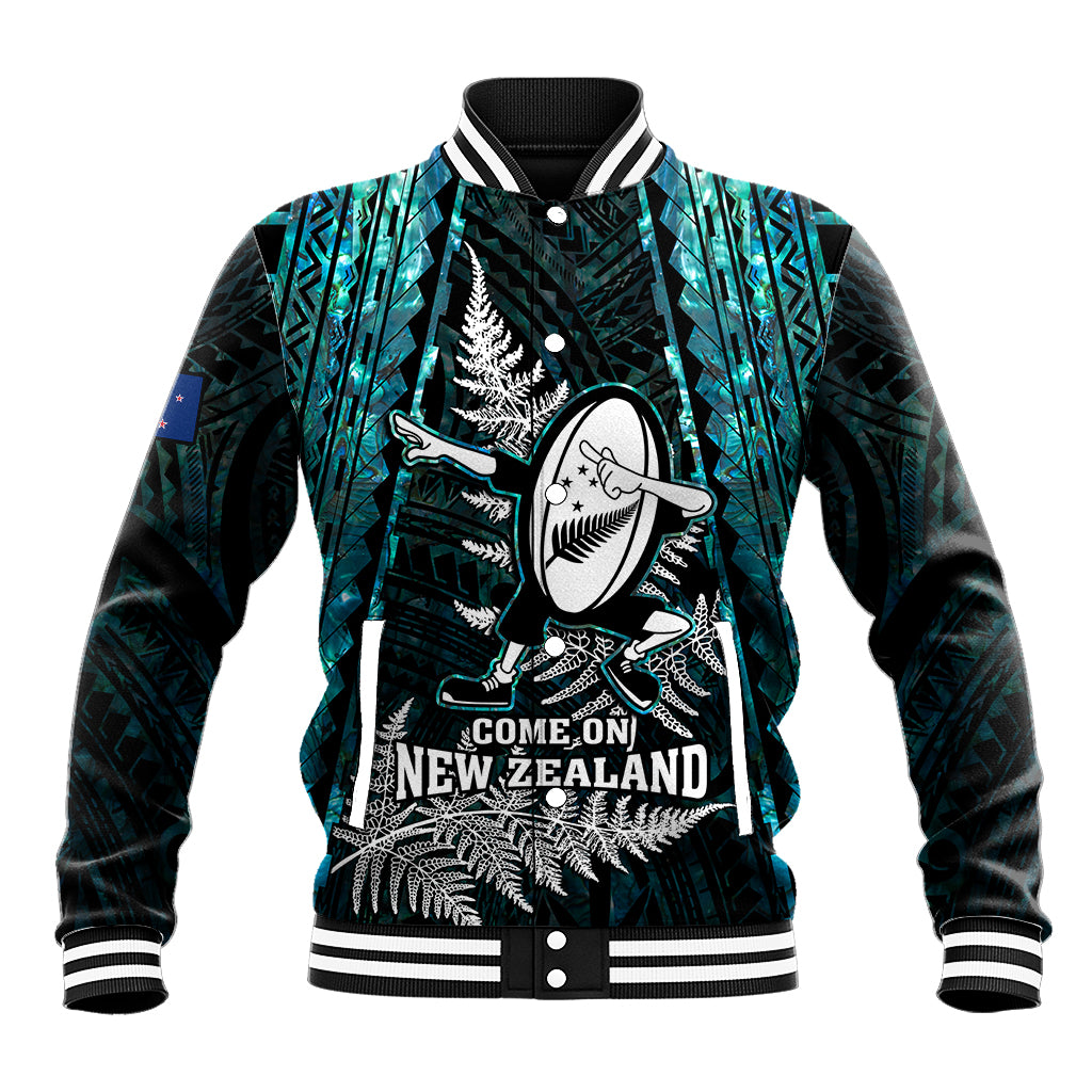 Custom New Zealand Silver Fern Rugby Baseball Jacket Aotearoa All Black Dabbing Ball With Maori Paua Shell - Vibe Hoodie Shop