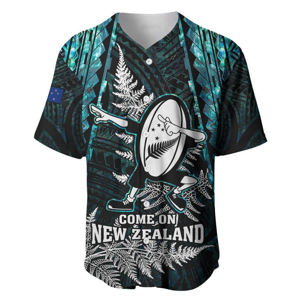 Custom New Zealand Silver Fern Rugby Baseball Jersey Aotearoa All Black Dabbing Ball With Maori Paua Shell - Vibe Hoodie Shop