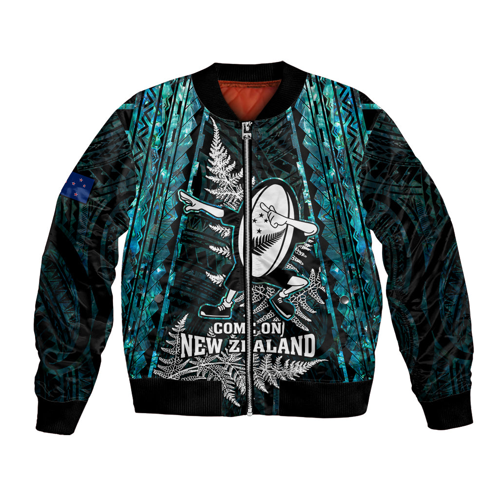 Custom New Zealand Silver Fern Rugby Bomber Jacket Aotearoa All Black Dabbing Ball With Maori Paua Shell - Vibe Hoodie Shop