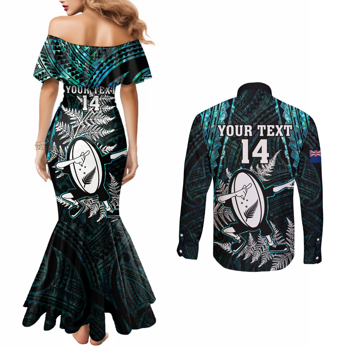 custom-new-zealand-silver-fern-rugby-couples-matching-mermaid-dress-and-long-sleeve-button-shirts-aotearoa-all-black-dabbing-ball-with-maori-paua-shell