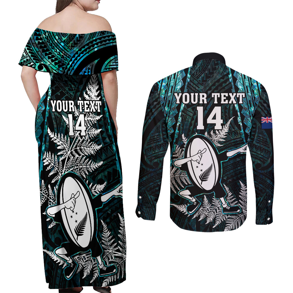 custom-new-zealand-silver-fern-rugby-couples-matching-off-shoulder-maxi-dress-and-long-sleeve-button-shirts-aotearoa-all-black-dabbing-ball-with-maori-paua-shell