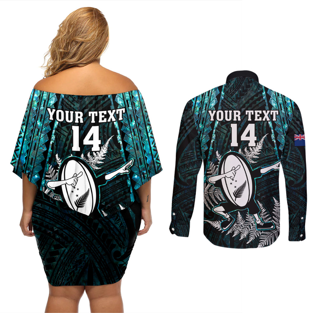 custom-new-zealand-silver-fern-rugby-couples-matching-off-shoulder-short-dress-and-long-sleeve-button-shirts-aotearoa-all-black-dabbing-ball-with-maori-paua-shell