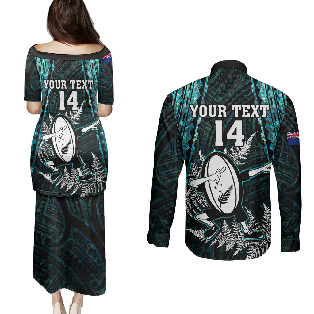 custom-new-zealand-silver-fern-rugby-couples-matching-puletasi-dress-and-long-sleeve-button-shirts-aotearoa-all-black-dabbing-ball-with-maori-paua-shell