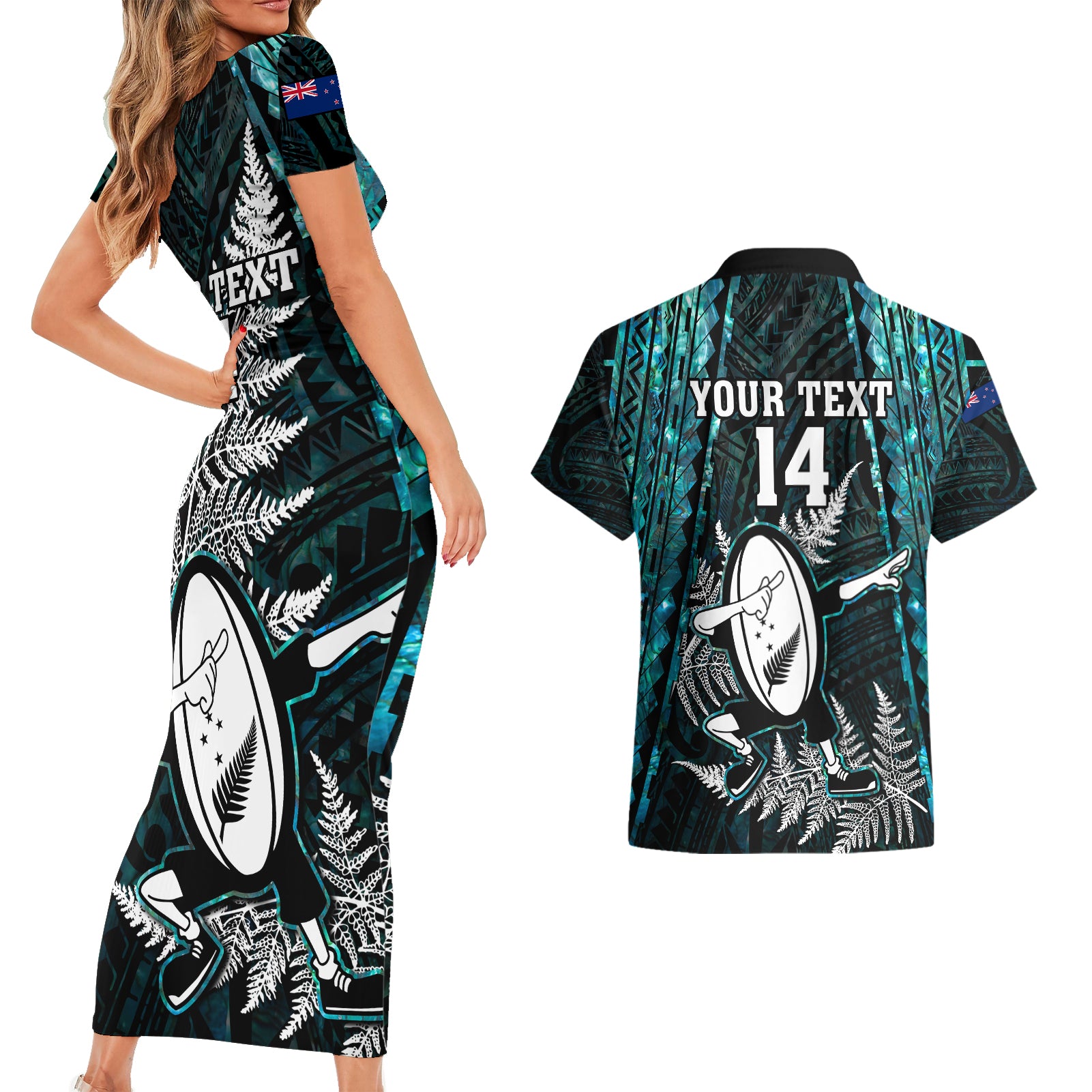 custom-new-zealand-silver-fern-rugby-couples-matching-short-sleeve-bodycon-dress-and-hawaiian-shirt-aotearoa-all-black-dabbing-ball-with-maori-paua-shell