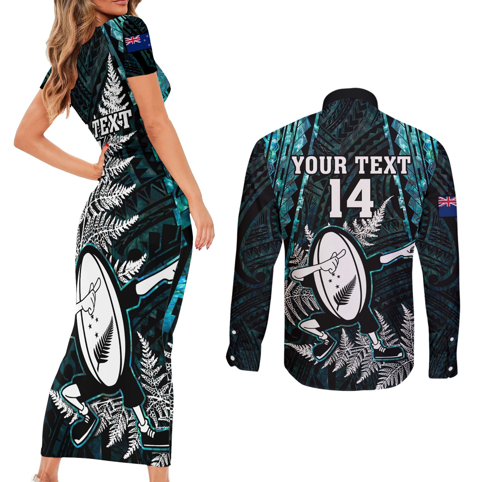 custom-new-zealand-silver-fern-rugby-couples-matching-short-sleeve-bodycon-dress-and-long-sleeve-button-shirts-aotearoa-all-black-dabbing-ball-with-maori-paua-shell