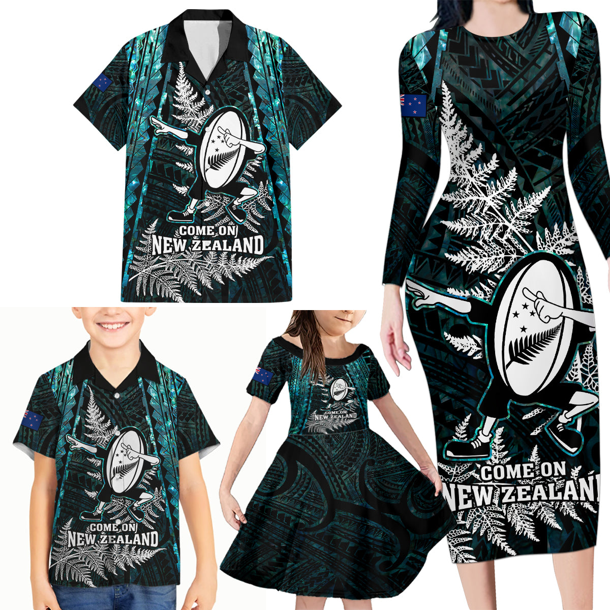 custom-new-zealand-silver-fern-rugby-family-matching-long-sleeve-bodycon-dress-and-hawaiian-shirt-aotearoa-all-black-dabbing-ball-with-maori-paua-shell