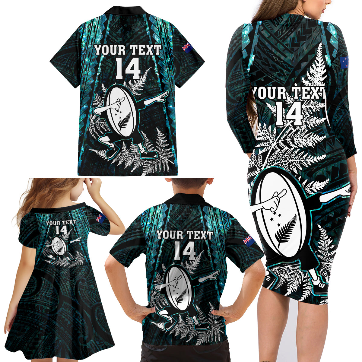 custom-new-zealand-silver-fern-rugby-family-matching-long-sleeve-bodycon-dress-and-hawaiian-shirt-aotearoa-all-black-dabbing-ball-with-maori-paua-shell