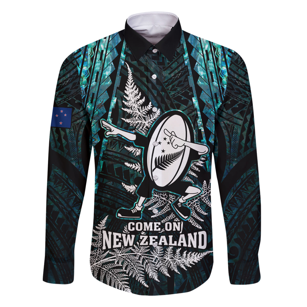 custom-new-zealand-silver-fern-rugby-family-matching-long-sleeve-bodycon-dress-and-hawaiian-shirt-aotearoa-all-black-dabbing-ball-with-maori-paua-shell