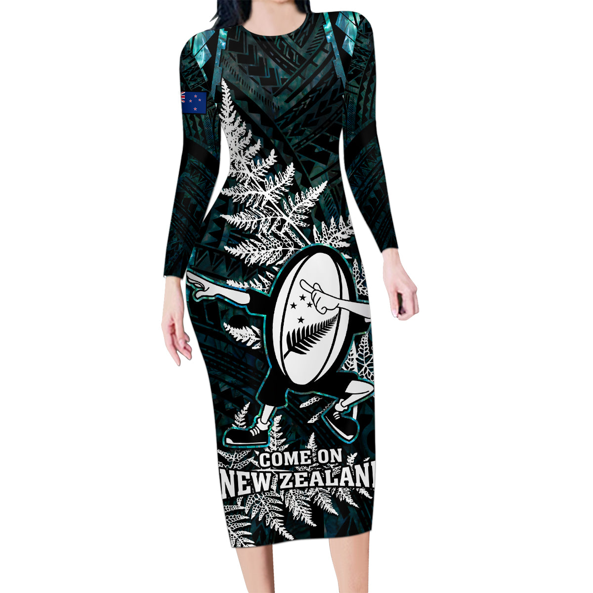 custom-new-zealand-silver-fern-rugby-family-matching-long-sleeve-bodycon-dress-and-hawaiian-shirt-aotearoa-all-black-dabbing-ball-with-maori-paua-shell