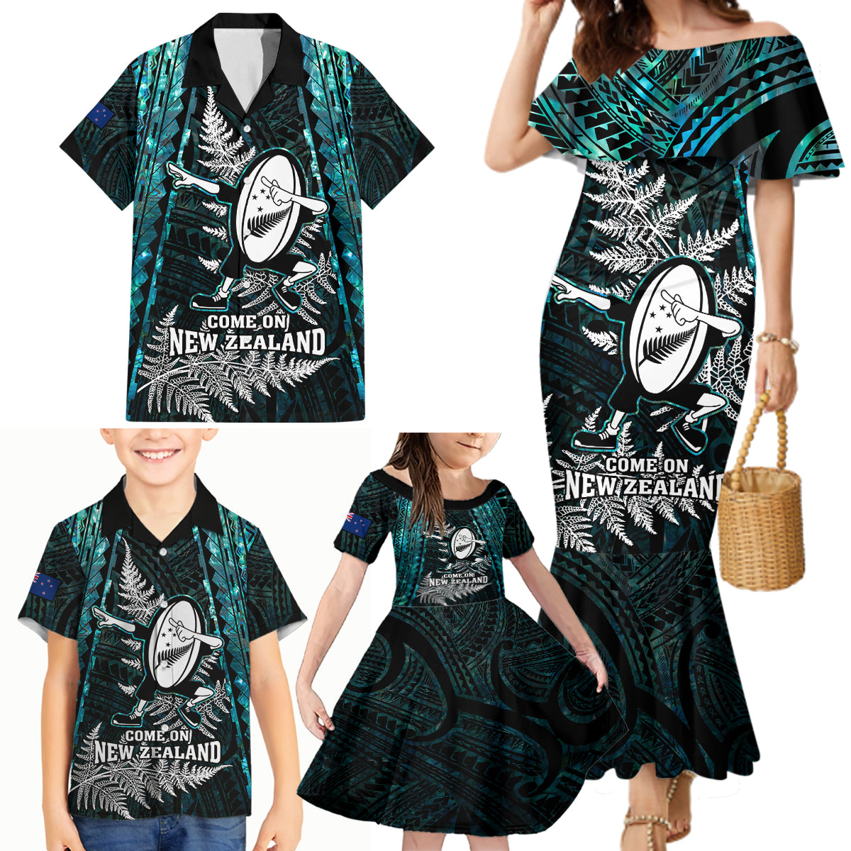 custom-new-zealand-silver-fern-rugby-family-matching-mermaid-dress-and-hawaiian-shirt-aotearoa-all-black-dabbing-ball-with-maori-paua-shell