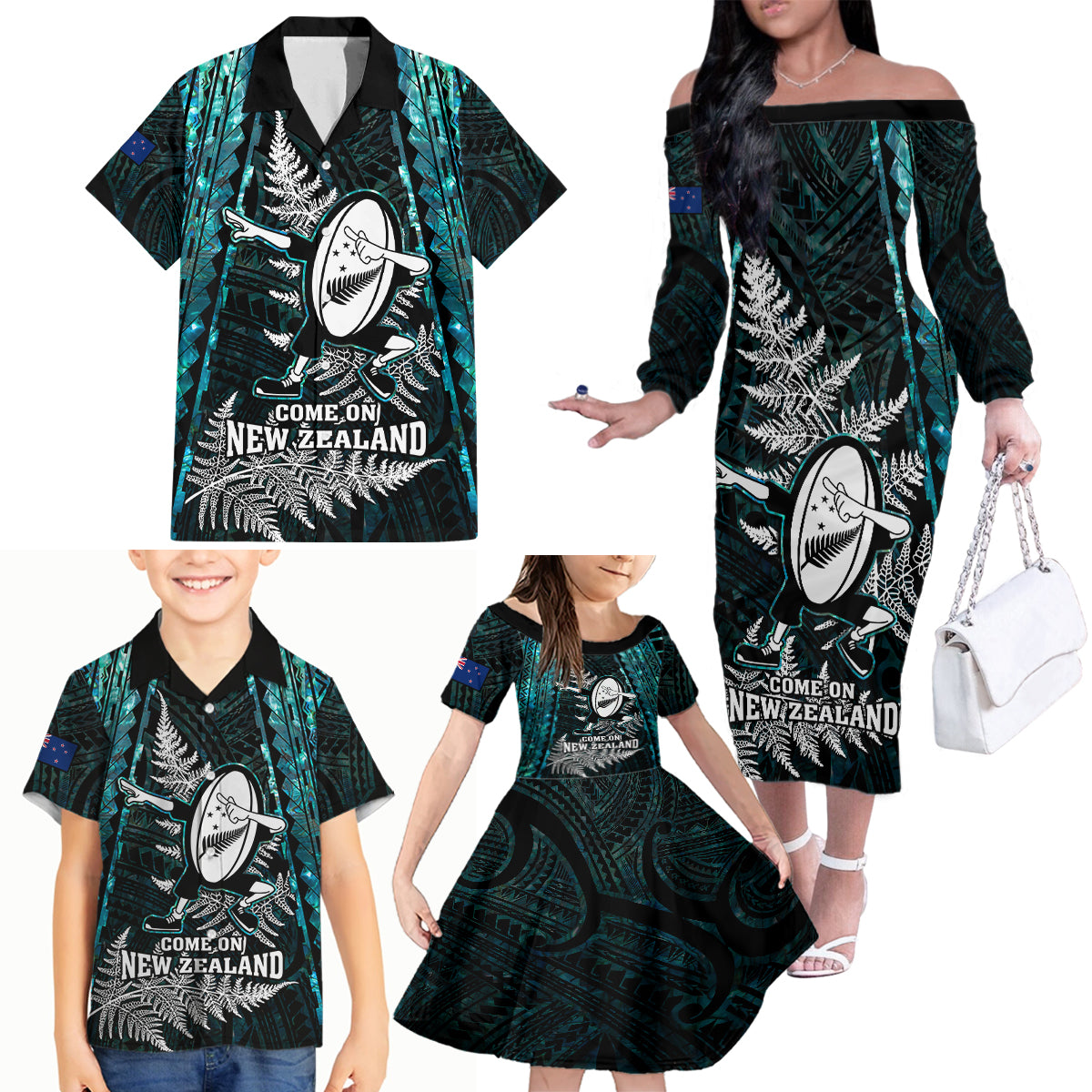 custom-new-zealand-silver-fern-rugby-family-matching-off-shoulder-long-sleeve-dress-and-hawaiian-shirt-aotearoa-all-black-dabbing-ball-with-maori-paua-shell