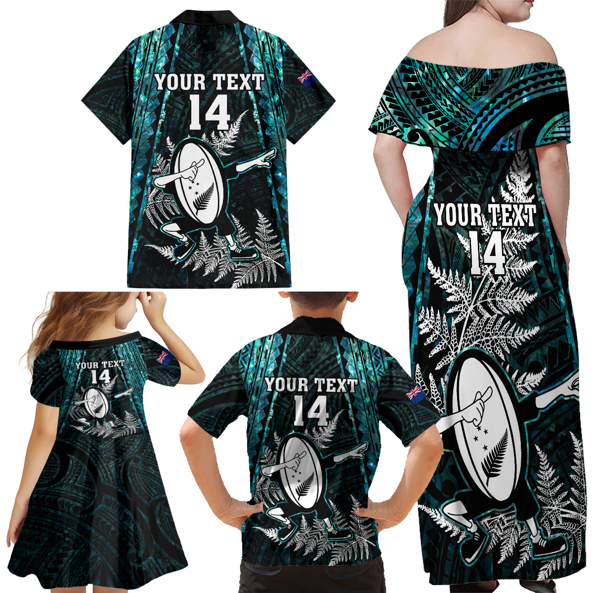 custom-new-zealand-silver-fern-rugby-family-matching-off-shoulder-long-sleeve-dress-and-hawaiian-shirt-aotearoa-all-black-dabbing-ball-with-maori-paua-shell