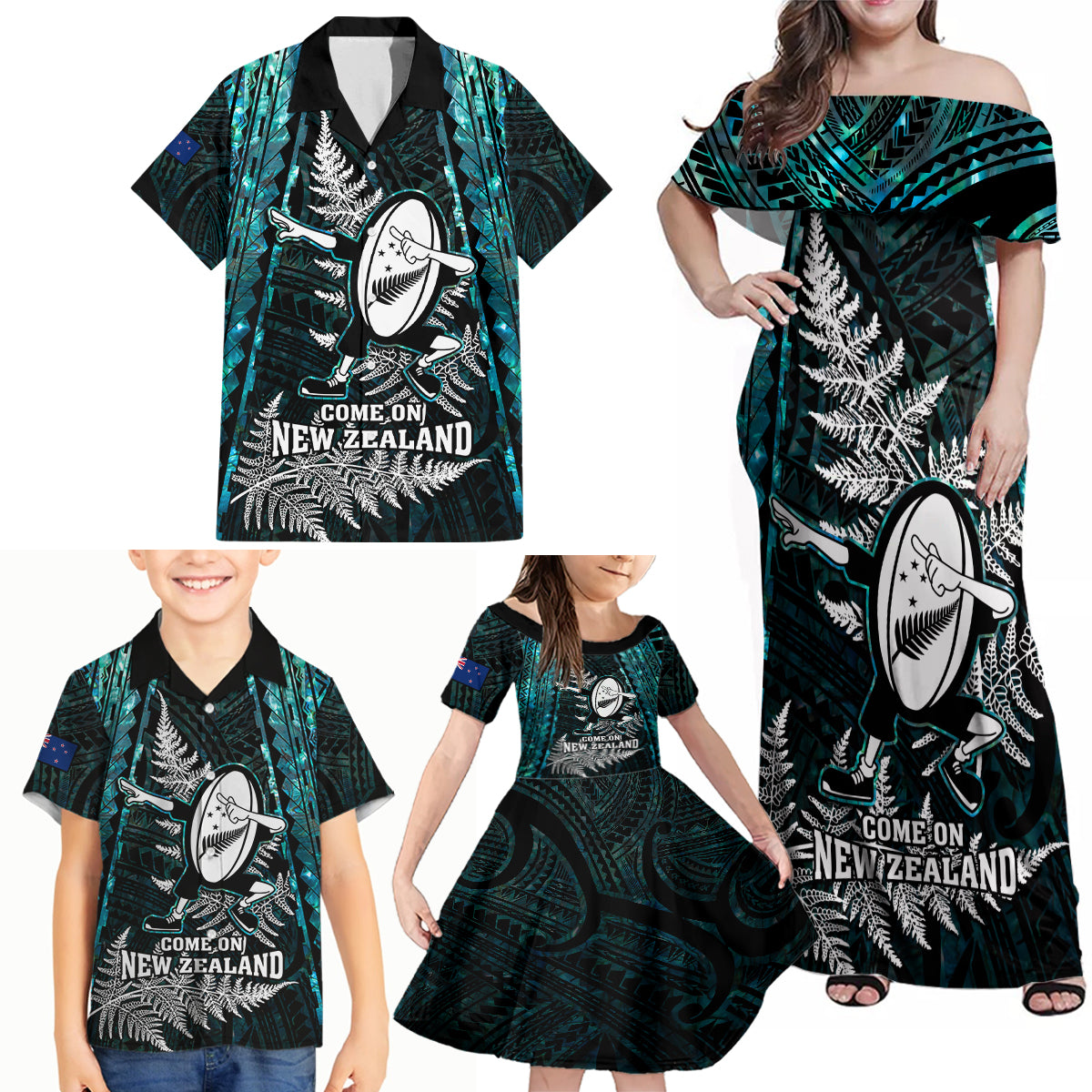 custom-new-zealand-silver-fern-rugby-family-matching-off-shoulder-maxi-dress-and-hawaiian-shirt-aotearoa-all-black-dabbing-ball-with-maori-paua-shell