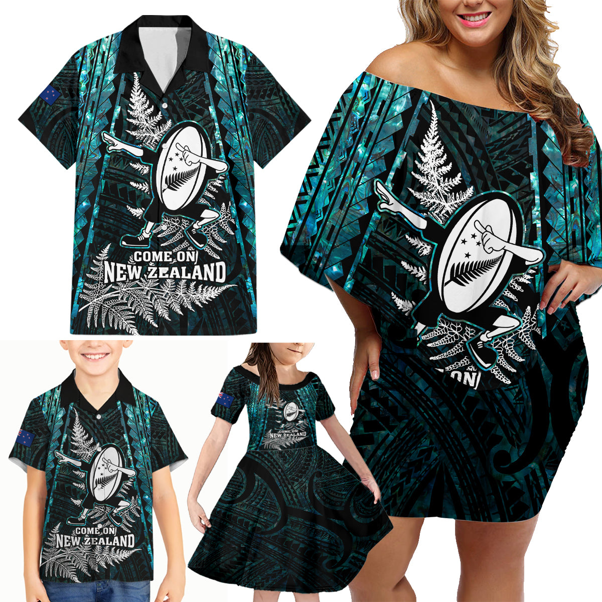 custom-new-zealand-silver-fern-rugby-family-matching-off-shoulder-short-dress-and-hawaiian-shirt-aotearoa-all-black-dabbing-ball-with-maori-paua-shell