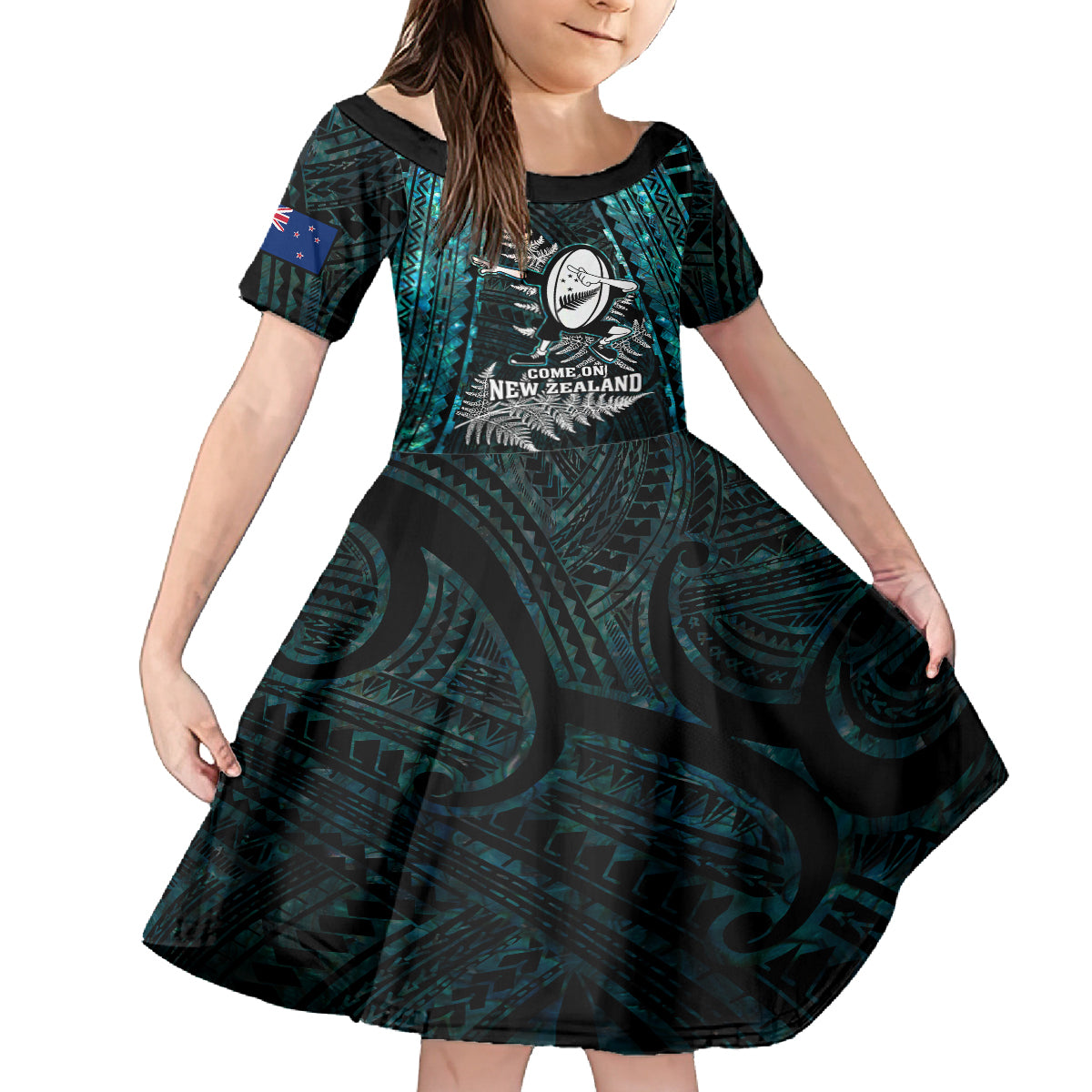 custom-new-zealand-silver-fern-rugby-family-matching-off-shoulder-short-dress-and-hawaiian-shirt-aotearoa-all-black-dabbing-ball-with-maori-paua-shell