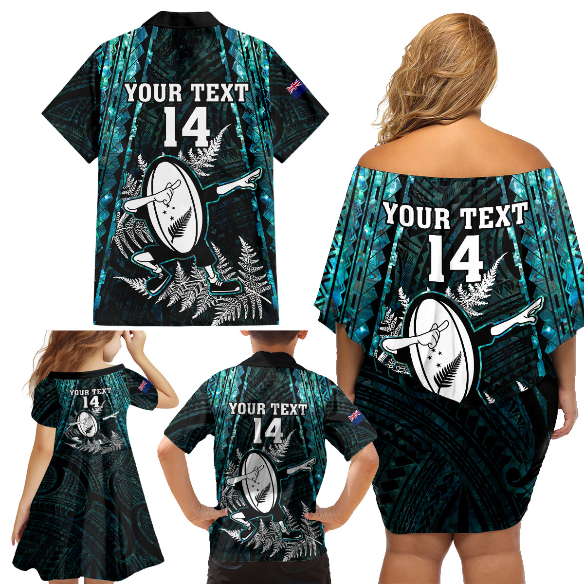 custom-new-zealand-silver-fern-rugby-family-matching-off-shoulder-short-dress-and-hawaiian-shirt-aotearoa-all-black-dabbing-ball-with-maori-paua-shell