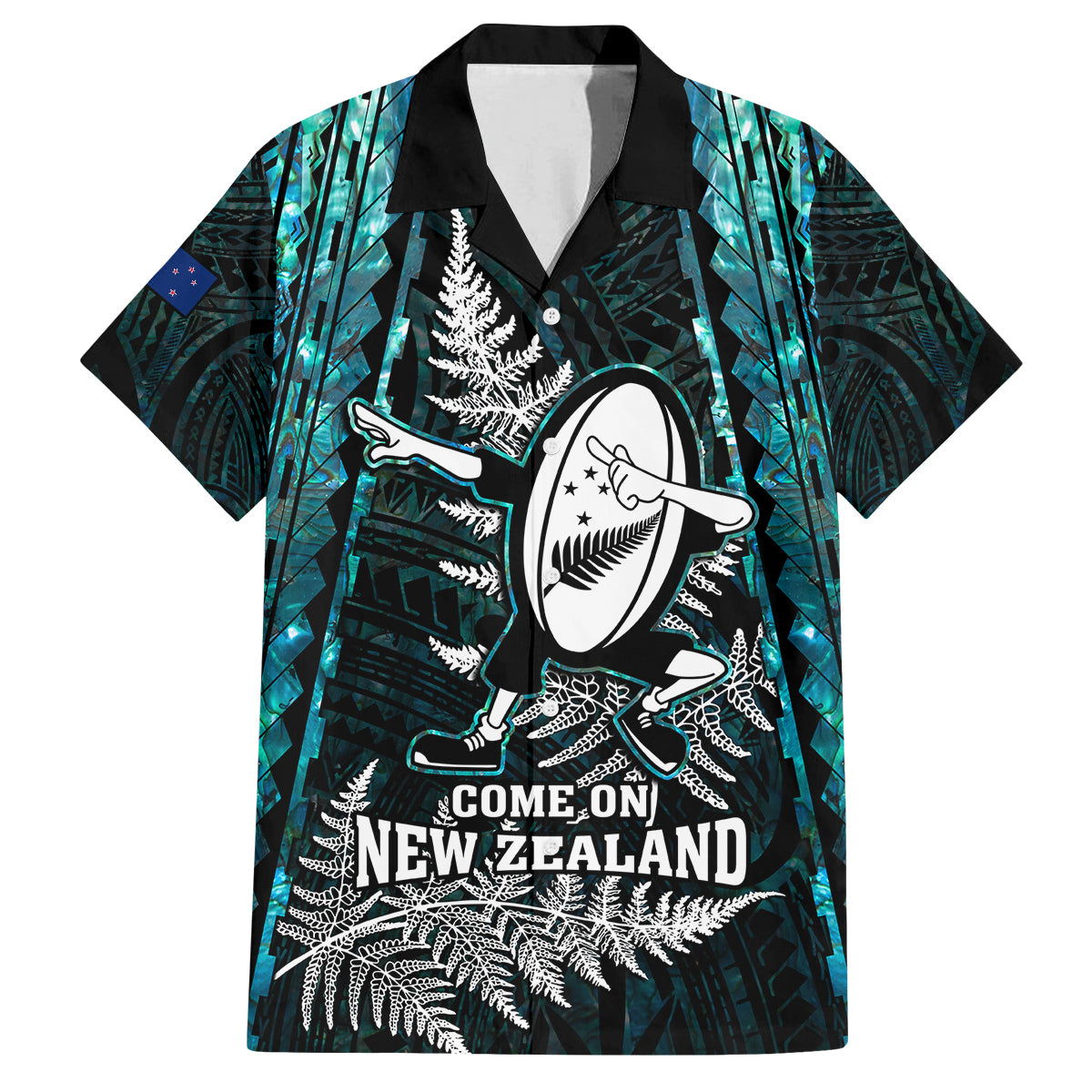 custom-new-zealand-silver-fern-rugby-family-matching-off-shoulder-short-dress-and-hawaiian-shirt-aotearoa-all-black-dabbing-ball-with-maori-paua-shell