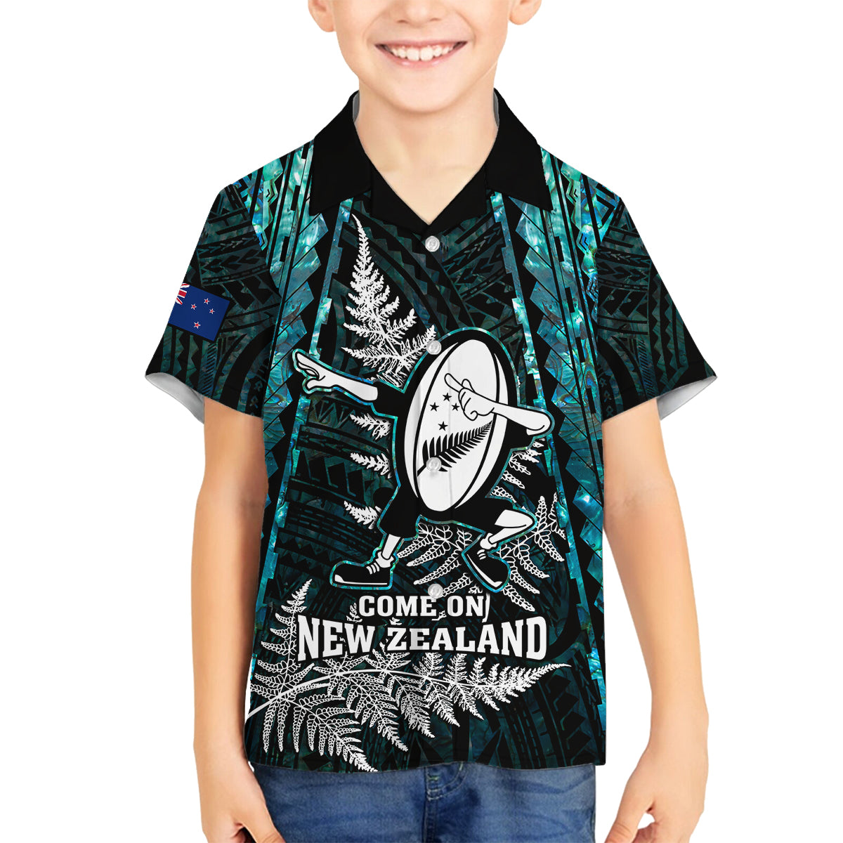 custom-new-zealand-silver-fern-rugby-family-matching-off-shoulder-short-dress-and-hawaiian-shirt-aotearoa-all-black-dabbing-ball-with-maori-paua-shell