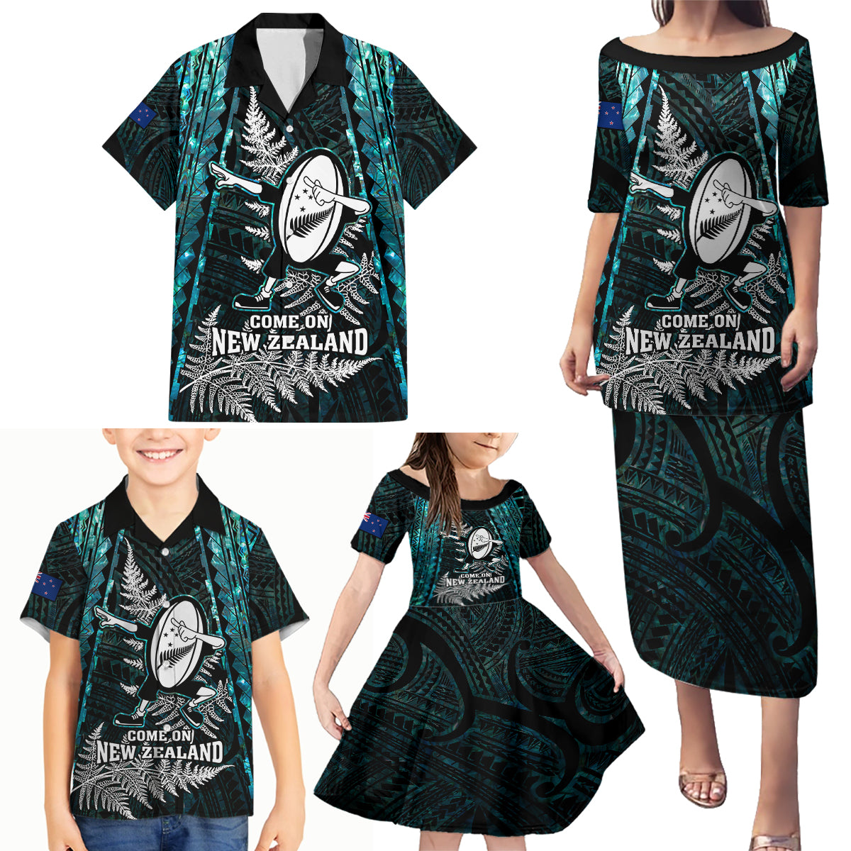 custom-new-zealand-silver-fern-rugby-family-matching-puletasi-dress-and-hawaiian-shirt-aotearoa-all-black-dabbing-ball-with-maori-paua-shell