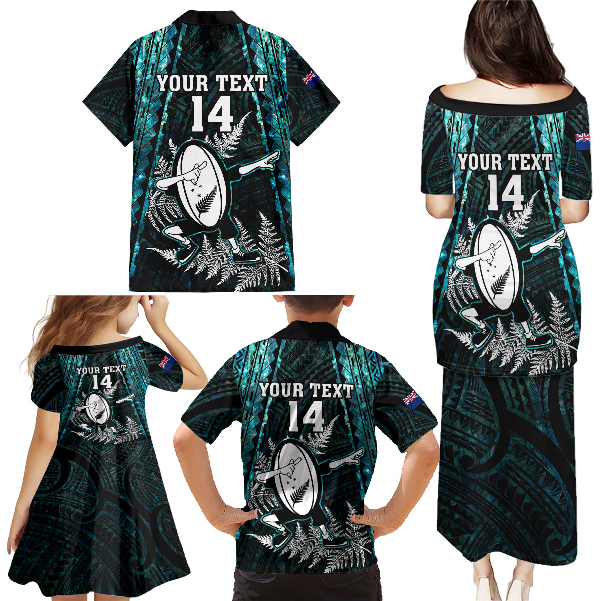 custom-new-zealand-silver-fern-rugby-family-matching-puletasi-dress-and-hawaiian-shirt-aotearoa-all-black-dabbing-ball-with-maori-paua-shell