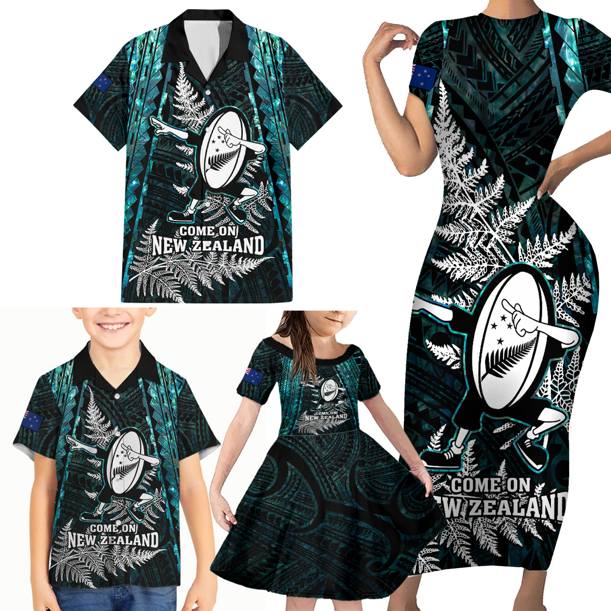 custom-new-zealand-silver-fern-rugby-family-matching-short-sleeve-bodycon-dress-and-hawaiian-shirt-aotearoa-all-black-dabbing-ball-with-maori-paua-shell