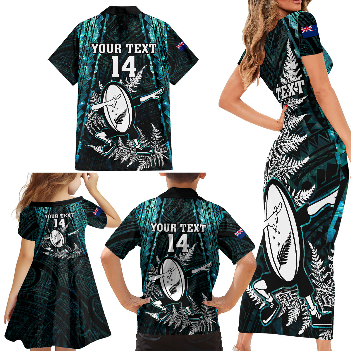 custom-new-zealand-silver-fern-rugby-family-matching-short-sleeve-bodycon-dress-and-hawaiian-shirt-aotearoa-all-black-dabbing-ball-with-maori-paua-shell