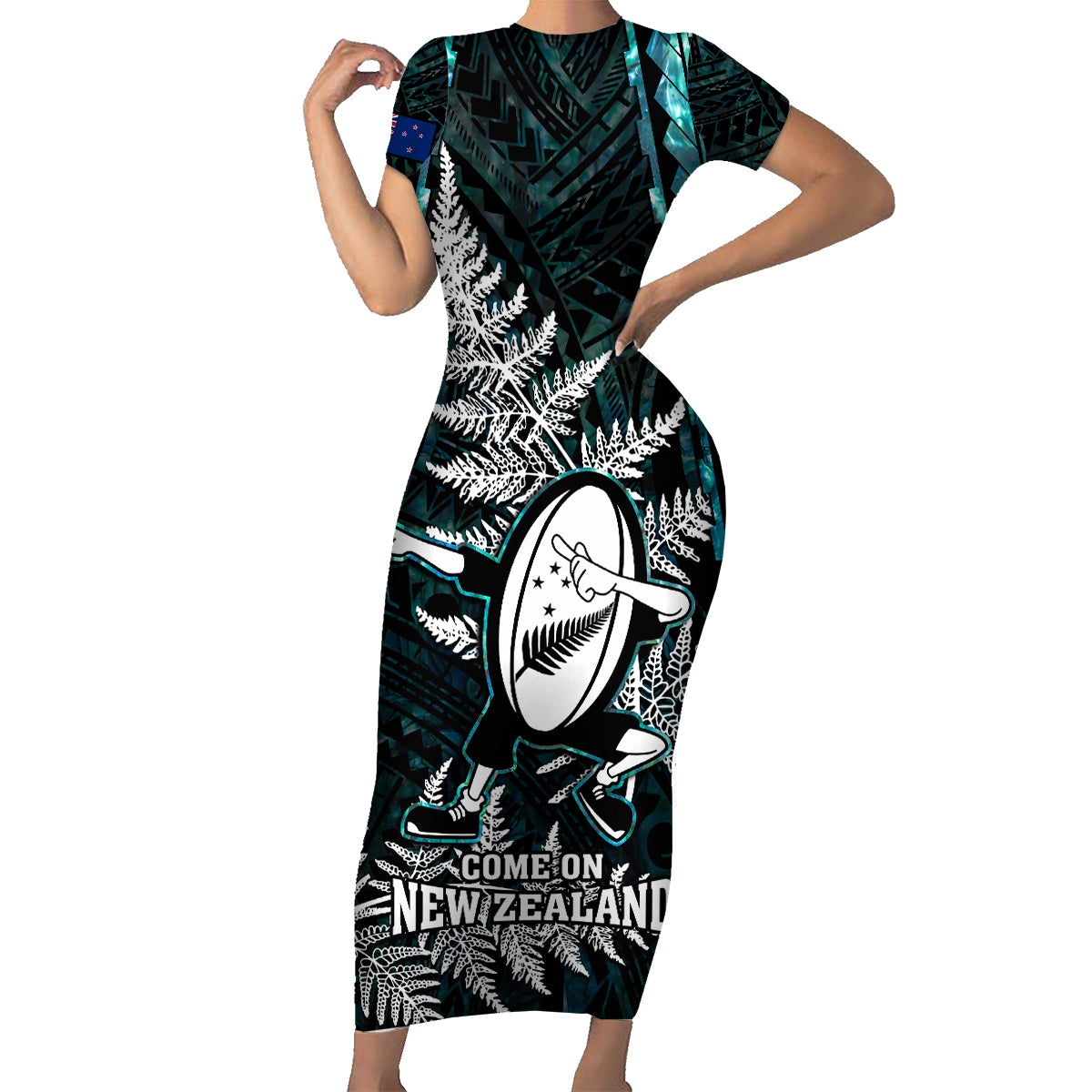 custom-new-zealand-silver-fern-rugby-family-matching-short-sleeve-bodycon-dress-and-hawaiian-shirt-aotearoa-all-black-dabbing-ball-with-maori-paua-shell