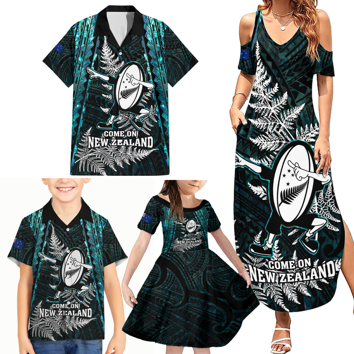 custom-new-zealand-silver-fern-rugby-family-matching-summer-maxi-dress-and-hawaiian-shirt-aotearoa-all-black-dabbing-ball-with-maori-paua-shell