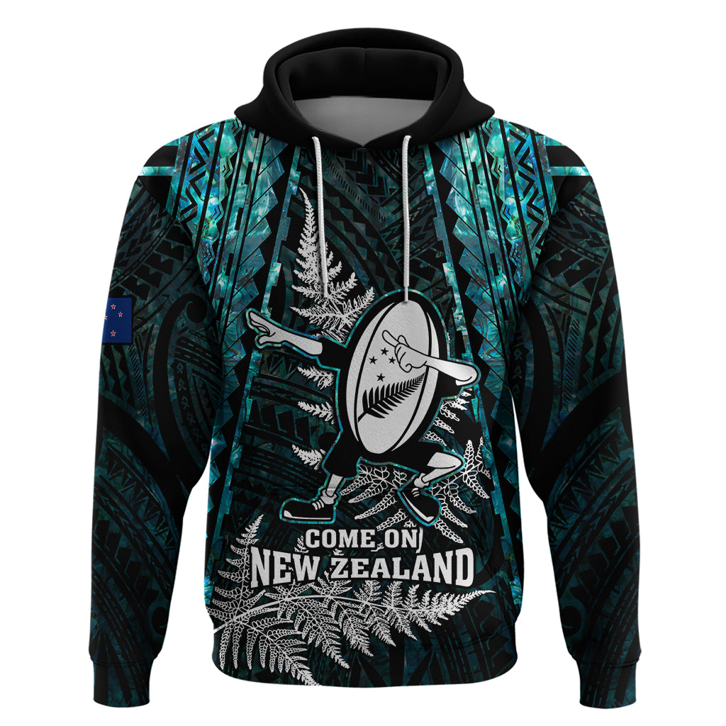 Custom New Zealand Silver Fern Rugby Hoodie Aotearoa All Black Dabbing Ball With Maori Paua Shell - Vibe Hoodie Shop