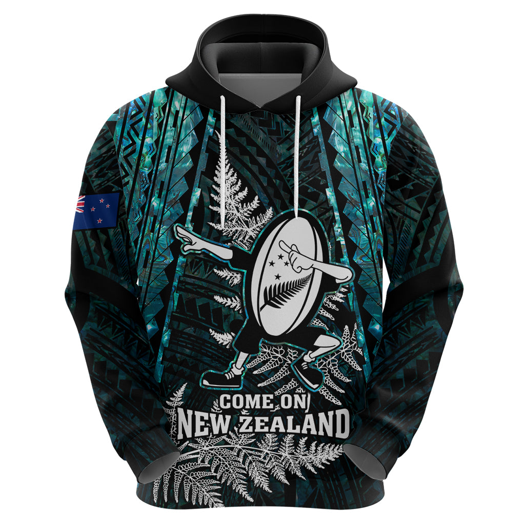 Custom New Zealand Silver Fern Rugby Hoodie Aotearoa All Black Dabbing Ball With Maori Paua Shell - Vibe Hoodie Shop