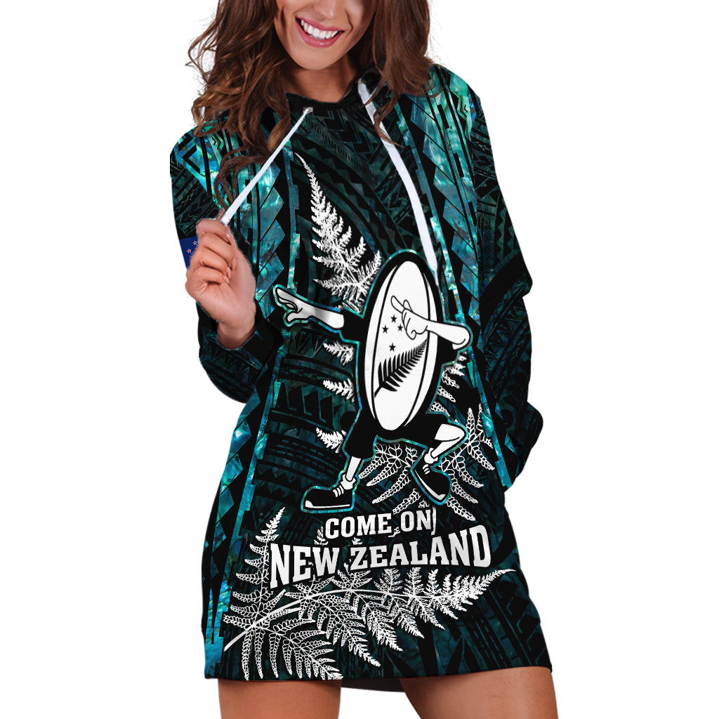 Custom New Zealand Silver Fern Rugby Hoodie Dress Aotearoa All Black Dabbing Ball With Maori Paua Shell - Vibe Hoodie Shop