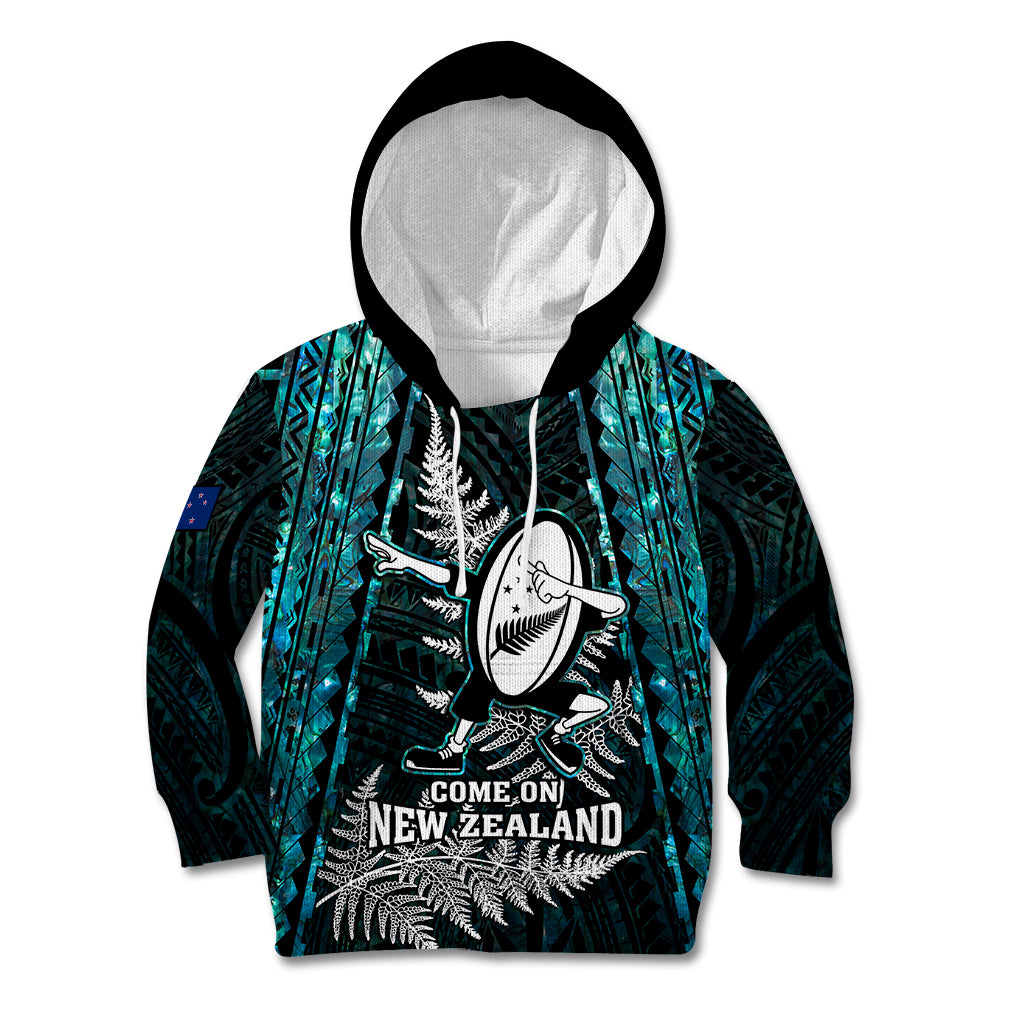 Custom New Zealand Silver Fern Rugby Kid Hoodie Aotearoa All Black Dabbing Ball With Maori Paua Shell - Vibe Hoodie Shop