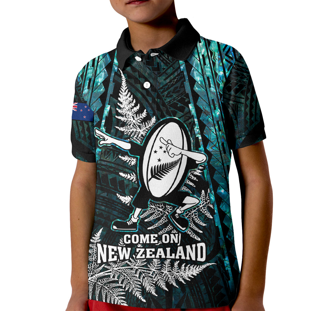 Custom New Zealand Silver Fern Rugby Kid Polo Shirt Aotearoa All Black Dabbing Ball With Maori Paua Shell - Vibe Hoodie Shop