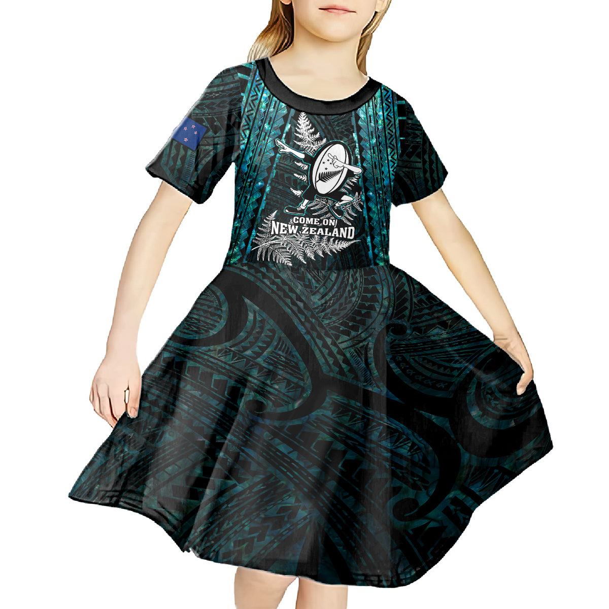 Custom New Zealand Silver Fern Rugby Kid Short Sleeve Dress Aotearoa All Black Dabbing Ball With Maori Paua Shell - Vibe Hoodie Shop